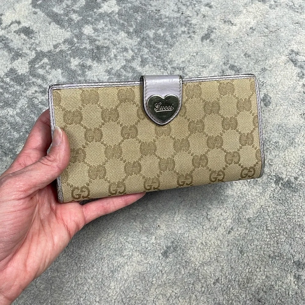 Gucci Monogram GG Long Wallet Double Sided Tan Lilac Heart Clasp